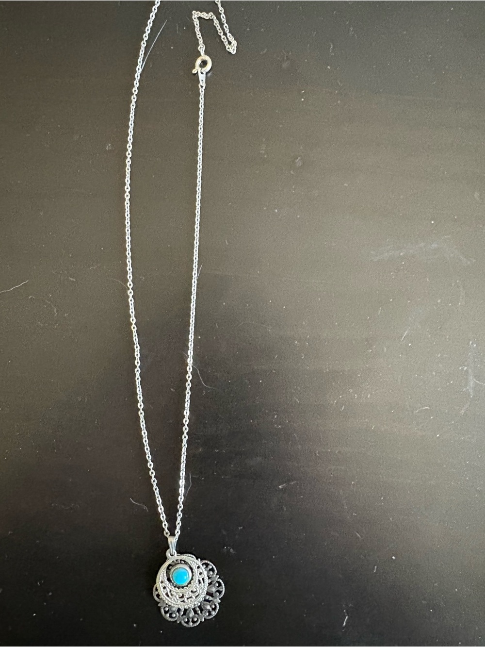 Turquoise Center Filigree Pendant Necklace - Silver Tone
